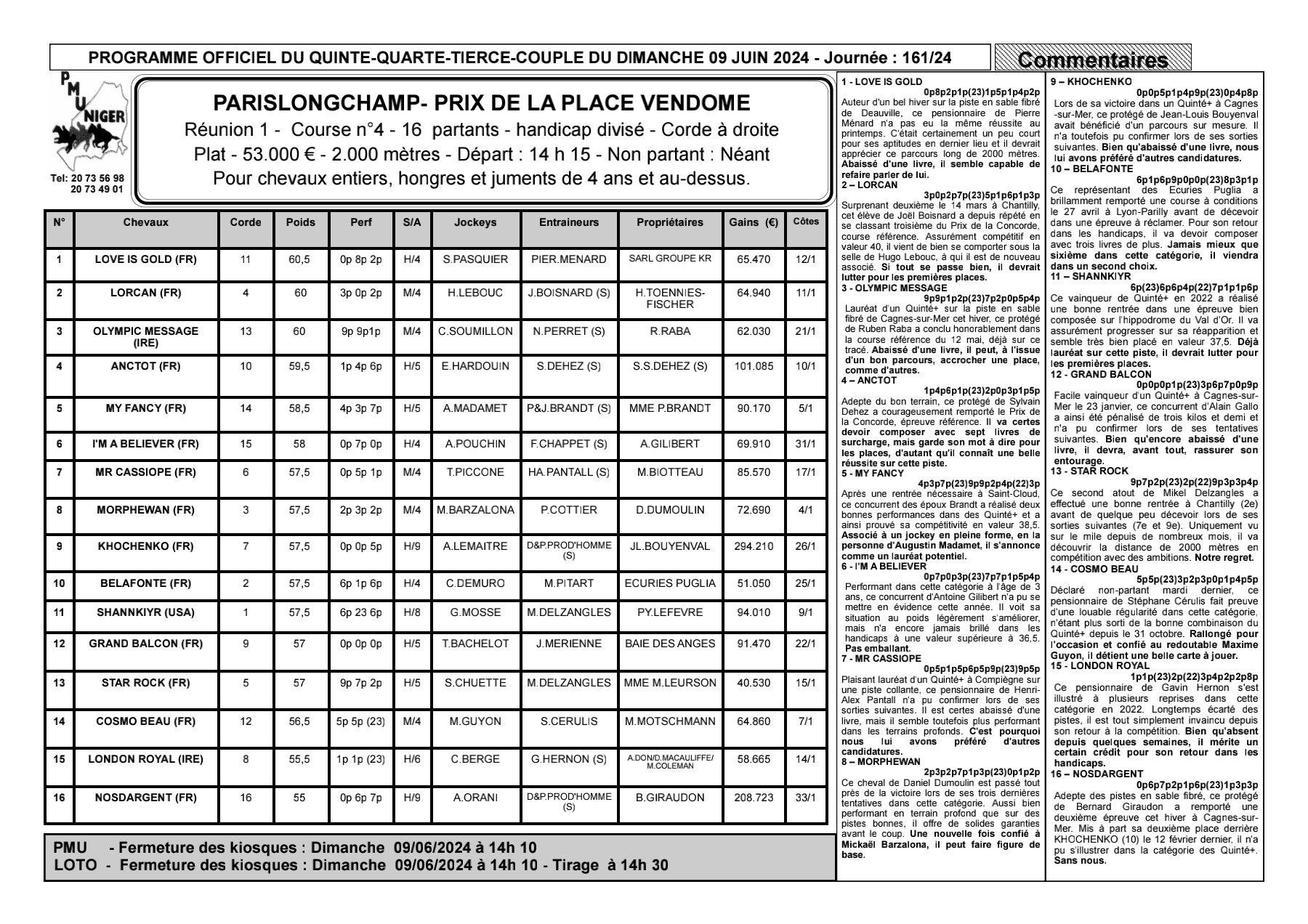 Quinte du dimanche 09 juin 2024 1