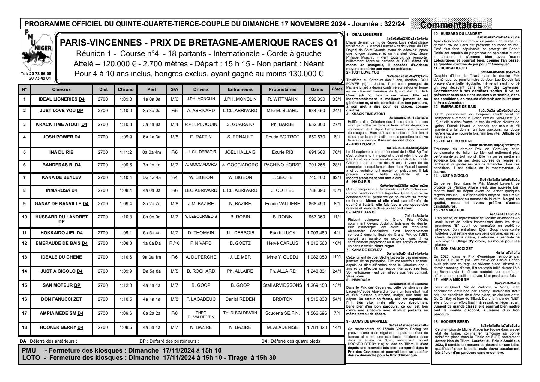 Quinte du dimanche 17 novembre 2024 1 1