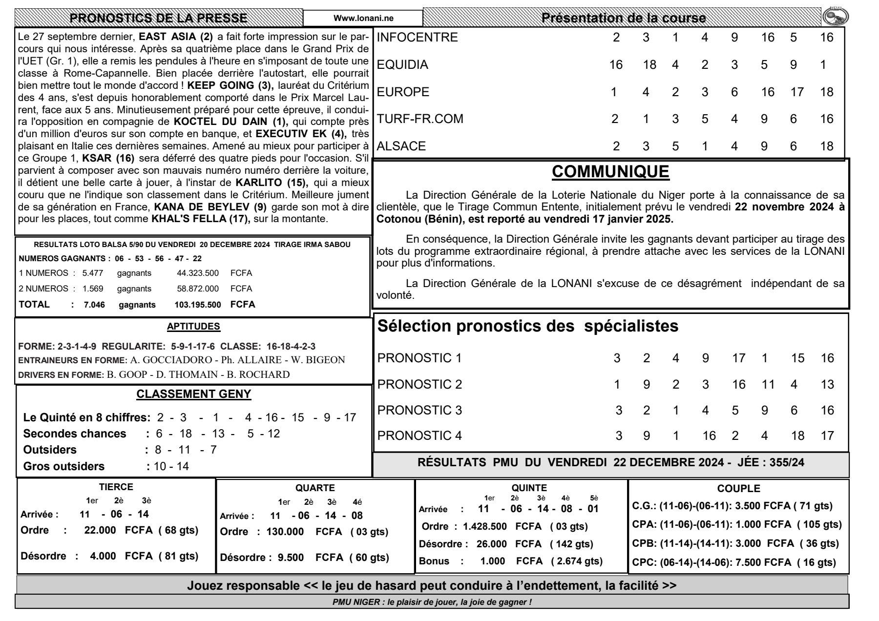 Quinte du dimanche 22 decembre 2024 1 1 2