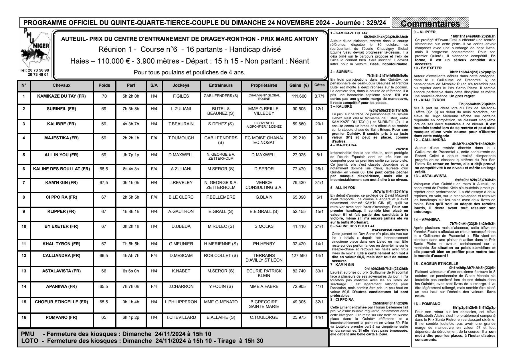 Quinte du dimanche 24 novembre 2024 1 1