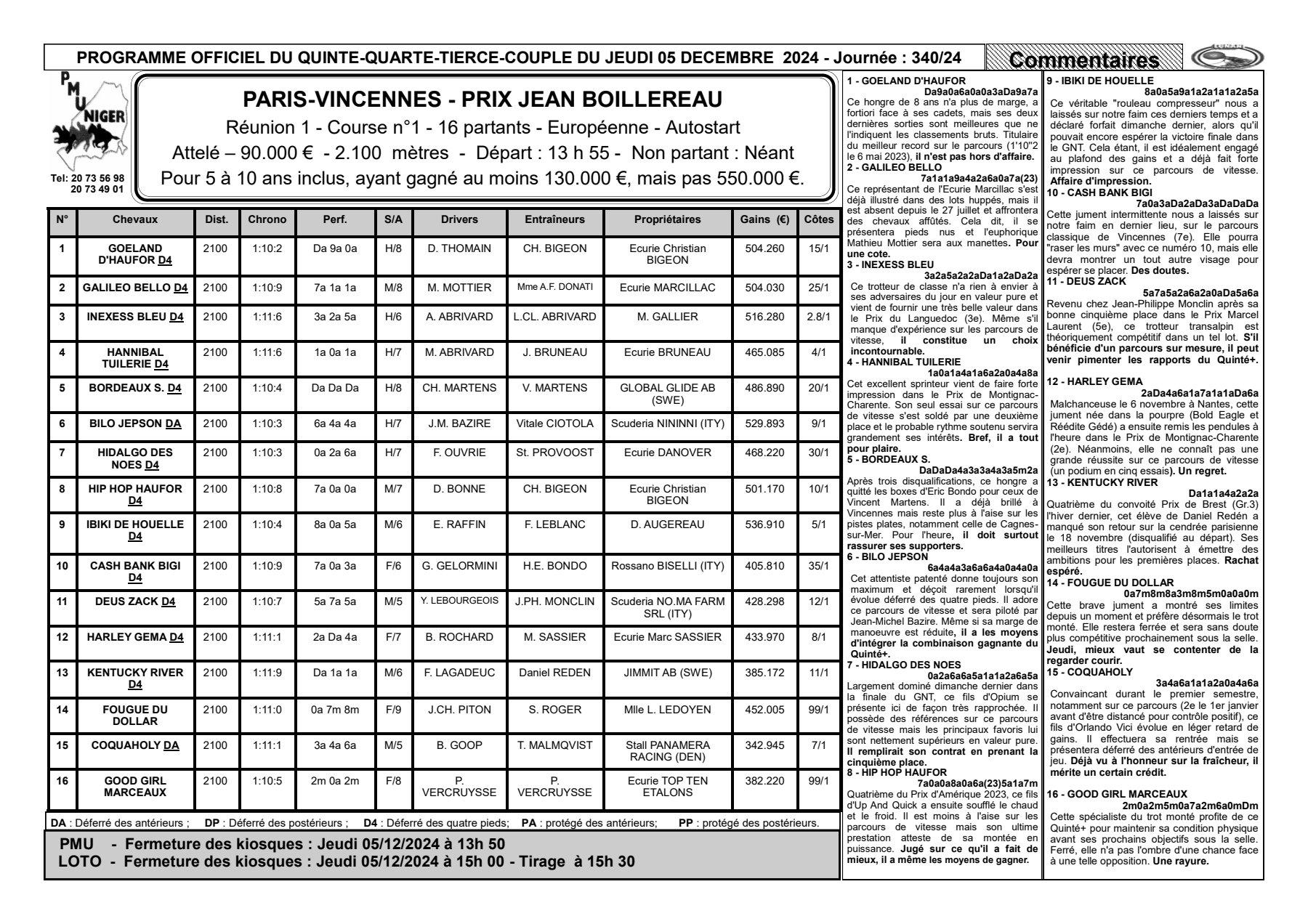Quinte du jeudi 05 decembre 2024 1