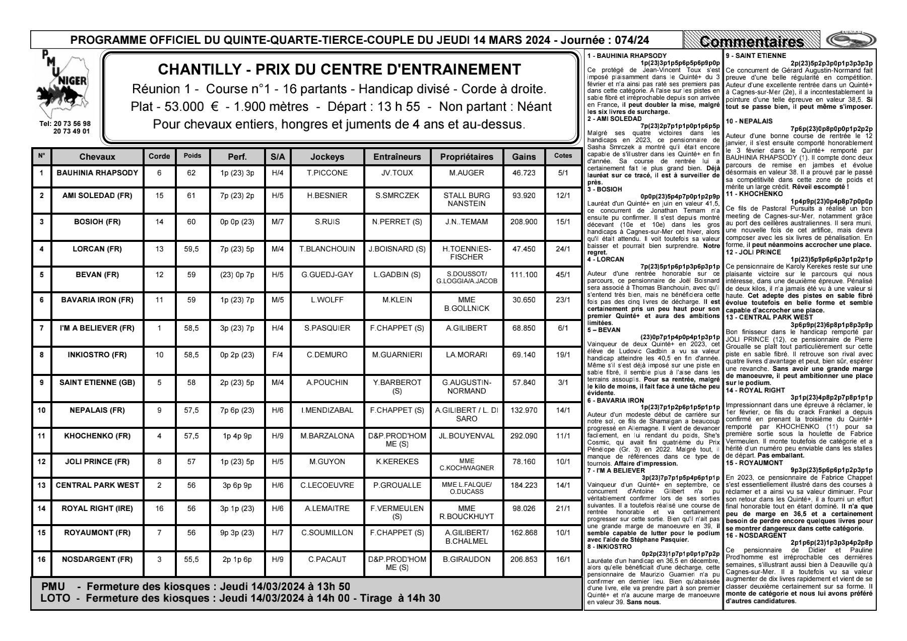 Quinte du jeudi 14 mars 2024 1 1