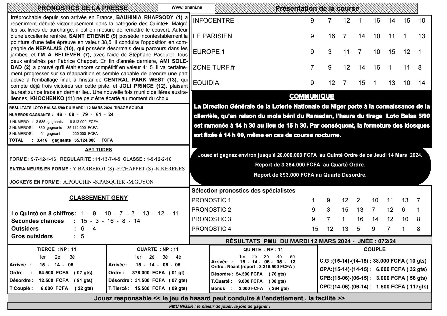 Quinte du jeudi 14 mars 2024 1 2