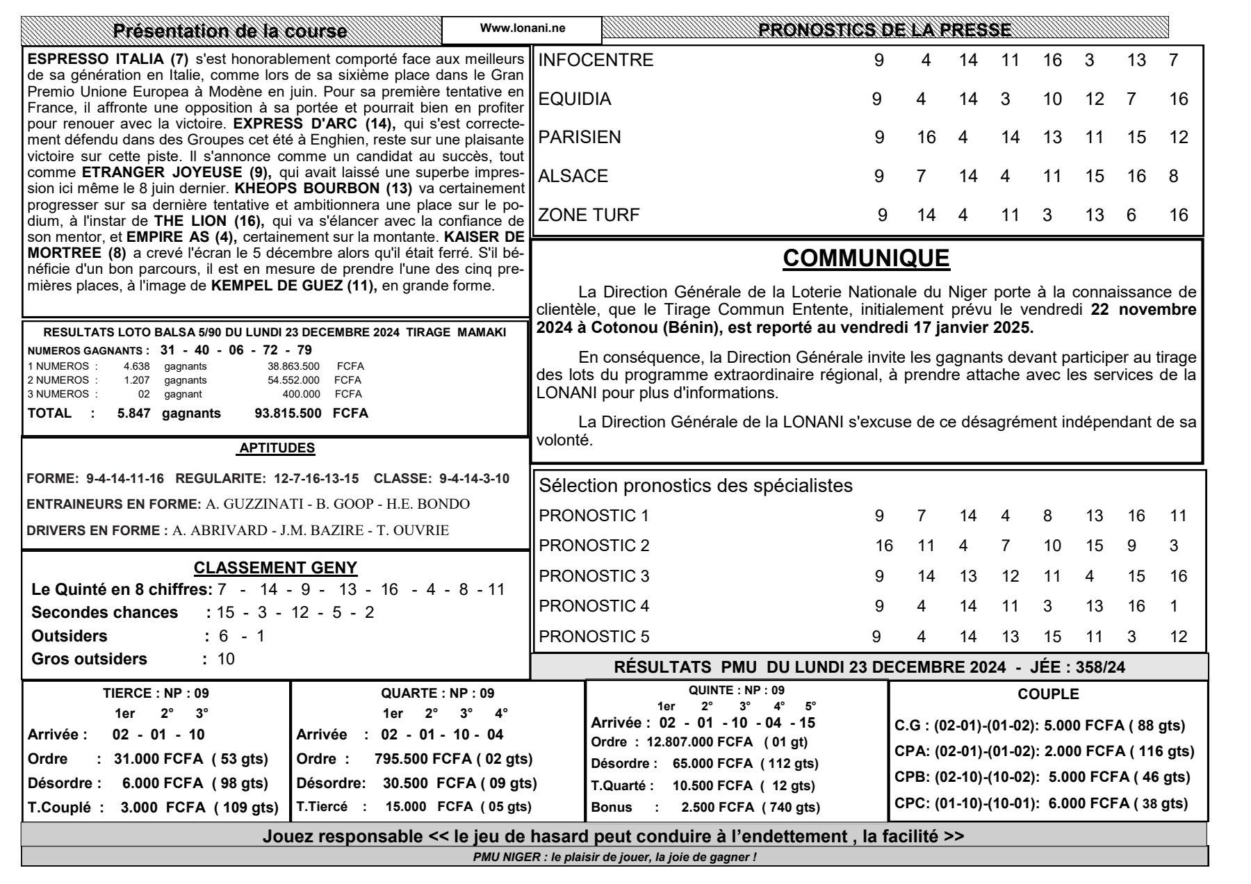 Quinte du mercredi 25 decembre 2