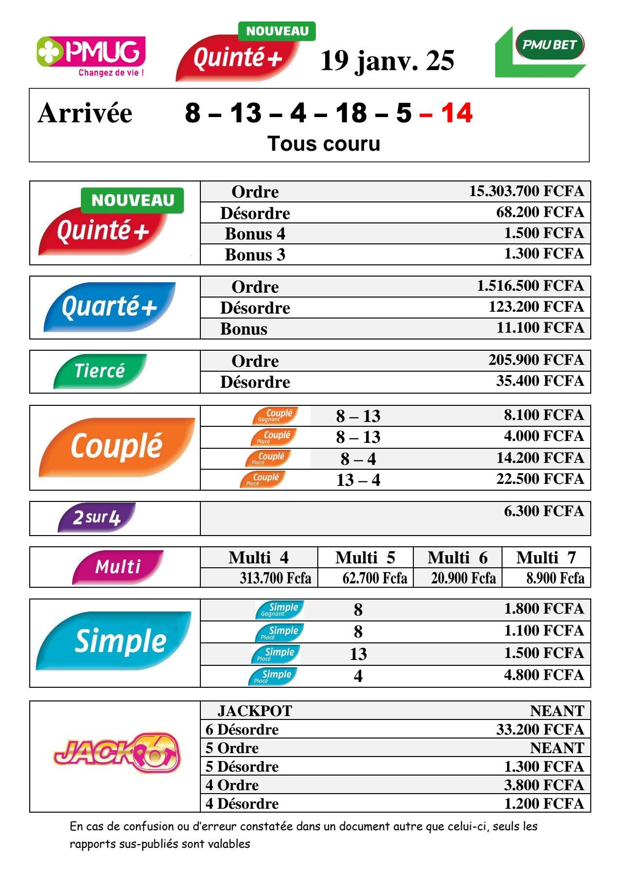 Rapports quinte m c avec 6 jackpot 1 1