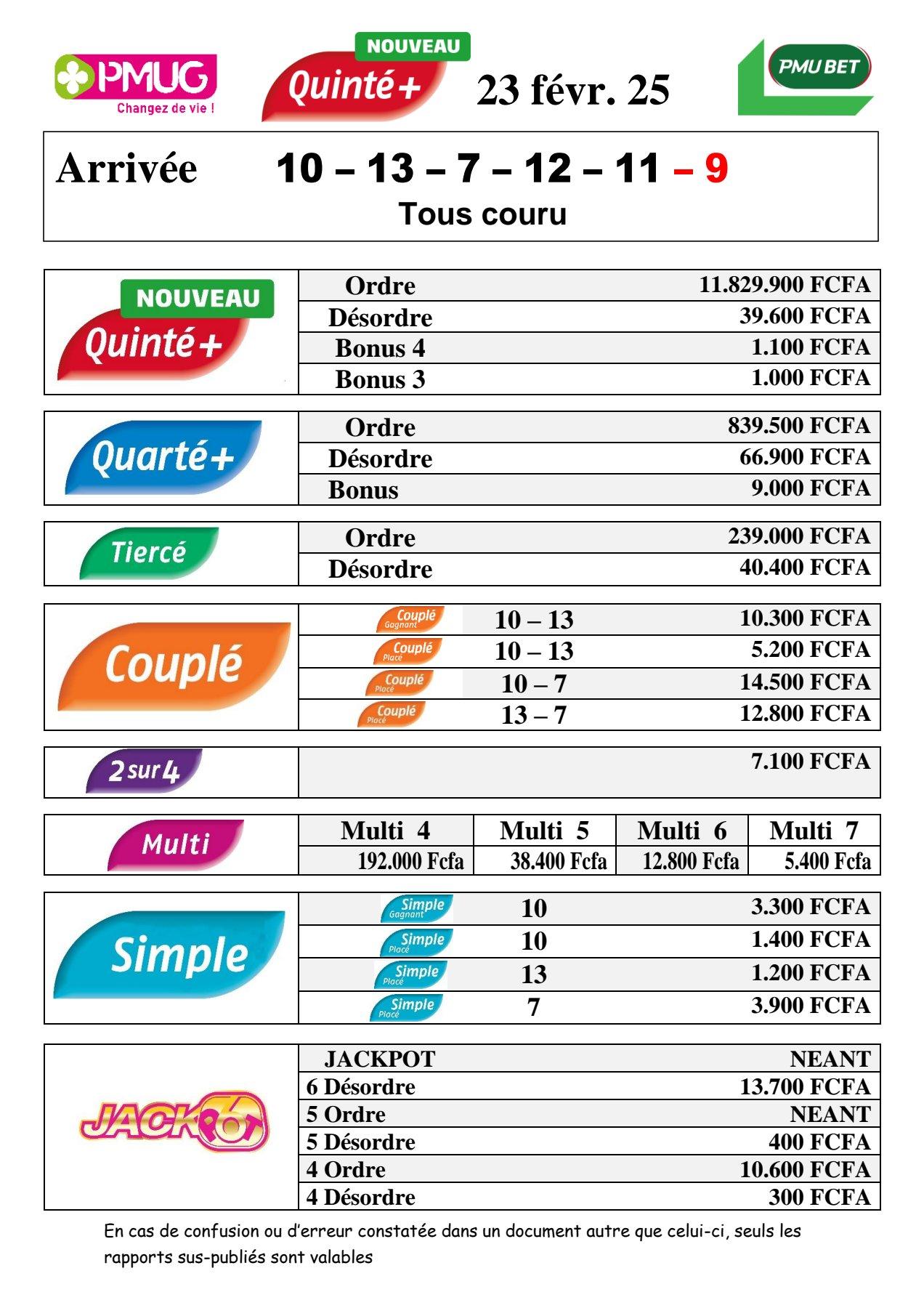 Rapports quinte m c avec 6 jackpot 5