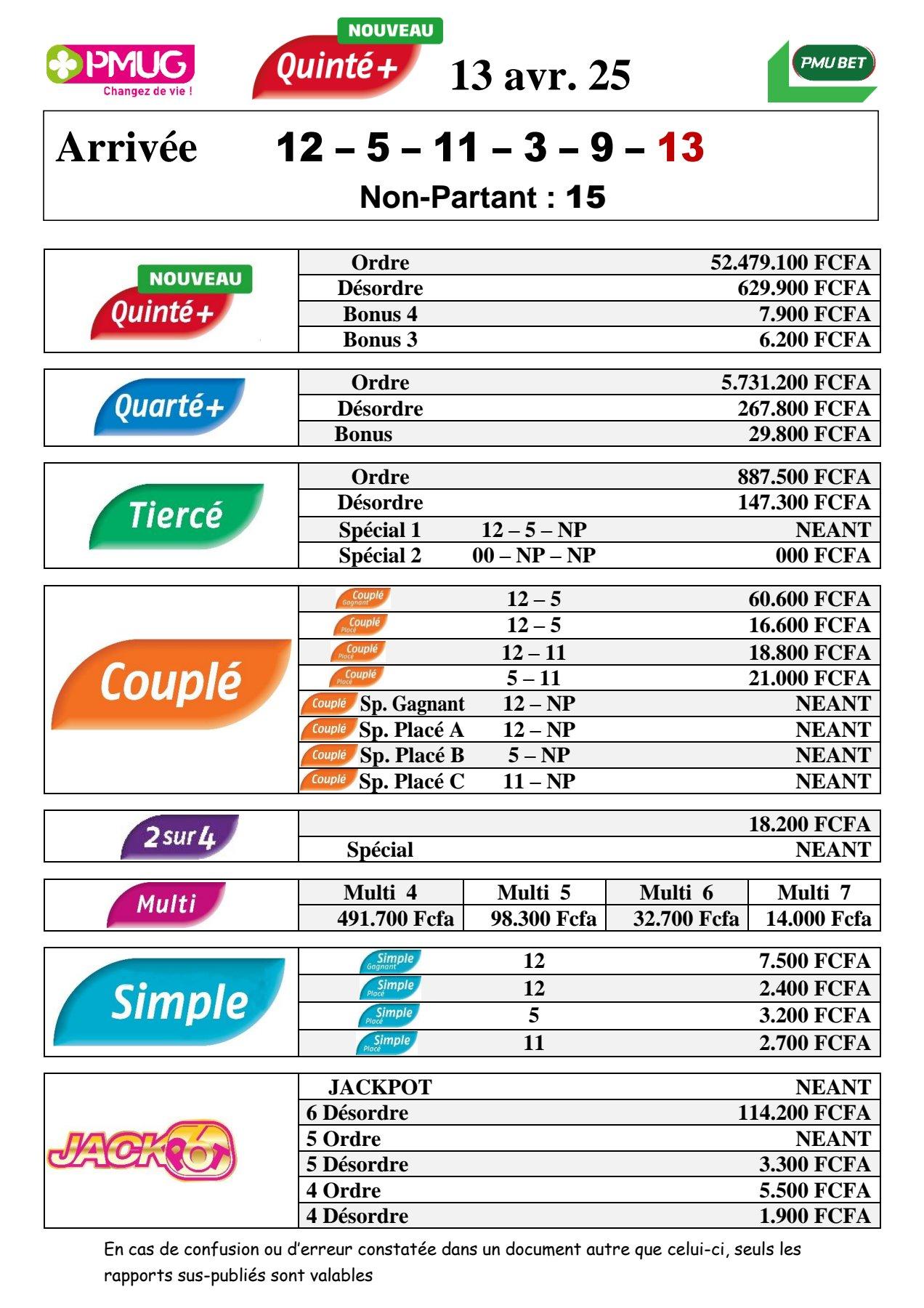 Rapports quinte m c avec 6 jackpot np 2